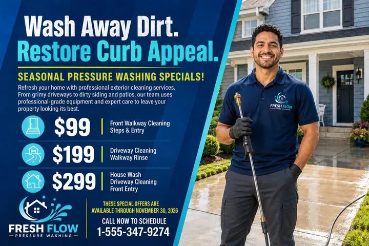 Sample pressure washing postcard with three service prices